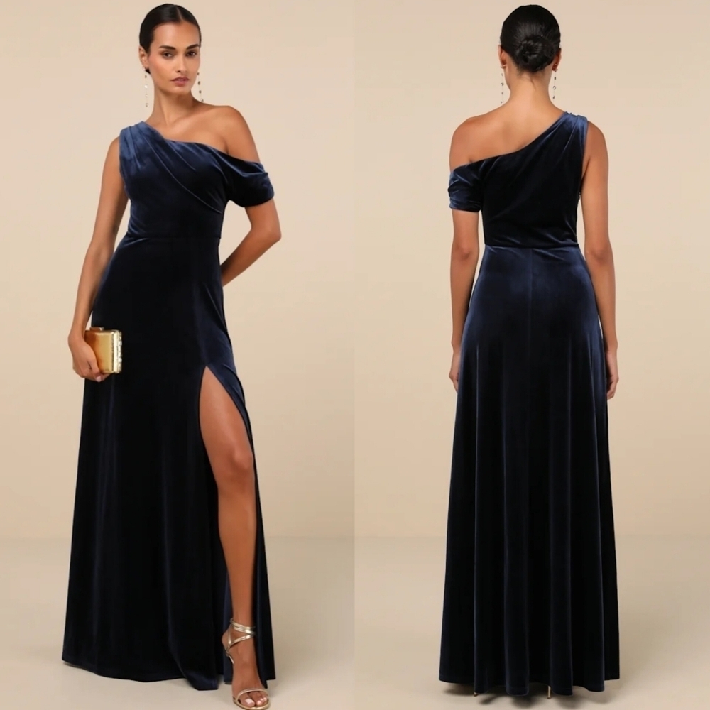 Lulus Coveted Confidence Navy Blue Velvet Asymmetrical Maxi Dress Wedding Prom